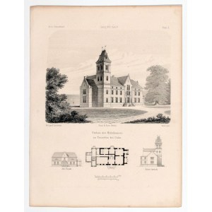 TRZEBCZ k. CHEŁMNA. Widok ogólny na pałac, poniżej trzy rzuty pałacu, rys. E. Jacobstahl, ryt. Ritter, 1872; lit. tonowana