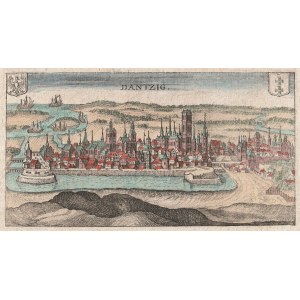 GDAŃSK. Panorama miasta, z XVII w. pochodzi z: J.L. Gottfried, Inventarium Sueciae..., wyd. F. Hulsius, Frankfurt n. Menem 1632, miedz. kolor.