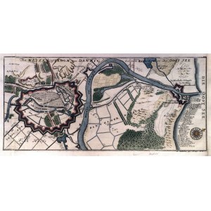 GDAŃSK. Plan Gdańska i mapa najbliższej okolicy z ujściem Wisły; ryt. i wyd. G. Bodenehr II, pochodzi z: Force d'Europe..., Augsburg 1720-1740; miedz. kolor.