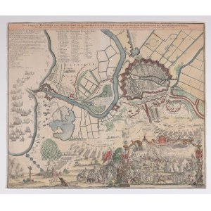 GDAŃSK, SOPOT. Plan of Danzig and the surrounding area during the siege of the city in 1734, during the Polish War of Succession, published by Homann's Heirs, 1734; depicts the surrounding towns, including burning Sopot, a panorama of Danzig under fire, a