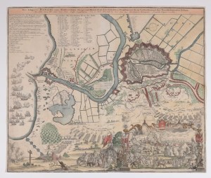 GDAŃSK, SOPOT. Plan Gdańska i okolicy podczas oblężenia miasta w 1734, podczas polskiej wojny sukcesyjnej, wyd. Spadkobierców Homanna, 1734; przedstawiono okoliczne miejscowości, m.in. płonący Sopot, panorama ostrzeliwanego Gdańska oraz sceny z życia oboz