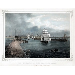 GDANSK. Einfahrt in den Hafen von Danzig - Ansicht von der östlichen Mole, Zeichnung von A. Juchanowitz, beschriftet von F. Bils, Königsberg 1838, Ausgabe von W. Devrient, Danzig, ca. 1840