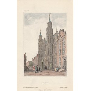 GDAŃSK. Wielka Zbrojownia od ulicy Kołodziejskiej, ryt. C. Heath według rys. J. H. Vickersa, pochodzi z: Meyer's Universum, 1839; stal. kolor.