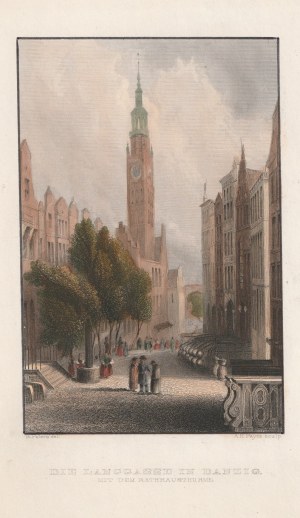 GDAŃSK. Ulica Długa z widokiem na wieżę ratusza, ryt. A. H. Payne według rys. B. Petersa, pochodzi z: T. von Kolbe, W. Cornelius, Wanderungen…, 1841; stal. kolor.