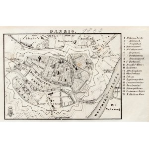 GDAŃSK. Plan Gdańska w 1863 r., pochodzi z: Baedeker, Karl, L'Allemagne..., 1863; lit. cz.-b.