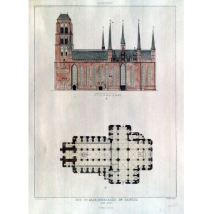 GDAŃSK. Der Bau der Basilika St. Maria und der Querschnitt des Gebäudes, Zeichnung von C. Schultz, eng. J. Poppel, T. O. Weigel, 1874; Brief ff.