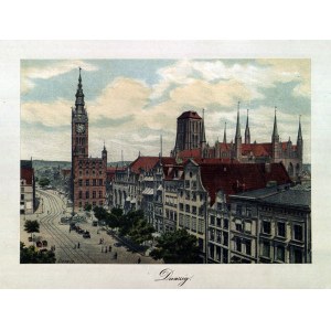 GDANSK. Teil der Długi-Targ-Straße mit dem Hauptrathaus, dem Artushof und der Marienkirche; beschriftet und gedruckt bei L. Kempner &amp; Co, Hamburg, 1880