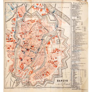 GDAŃSK. Plan Gdańska ok. 1880 r.; na verso wykaz ulic, z prawej str. wykaz obiektów: Erklärung / zum / Plan von Danzig; z Woerl's Reisehandbücher, ok. 1880; skala 1 : 12 500; chromolit.