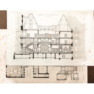 GDAŃSK. Gmach Sejmu Prus Zachodnich, zaprojektowany przez H. Endego i W. Böckmanna - 2 arkusze przedstawiające plany i przekroje budynku; lit. J. G. Riegel i Walther, Zeitschrift für Bauwesen, 1887; lit. cz.-b.