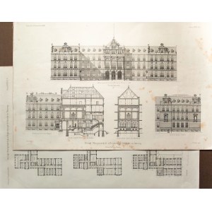 GDAŃSK. building of the Super-Presidium of the West Prussian Province and the Danzig Regency, designed by K. F. Endell - 2 sheets showing general view, plans and sections, from: Zeitschrift für Bauwesen, 1889; letter fb.