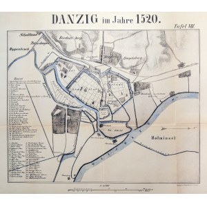GDAŃSK. Plan von Danzig aus dem Jahr 1520; aus: G. Köhler, Geschichte Der Festungen Danzig... 1893; verso Schild und Stempel; zweifarbige Illus.
