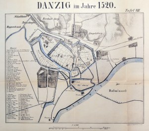 GDAŃSK. Plan Gdańska z 1520 r.; z: G. Köhler, Geschichte Der Festungen Danzig… 1893; na verso szyldzik i pieczęć; światłodruk dwubarwny