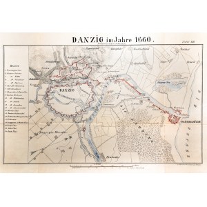 GDAŃSK. Plan der Danziger Befestigungsanlagen von 1660 mit der Festung Wisłoujście; aus: G. Köhler, Geschichte Der Festungen Danzig... 1893; verso Schild und Stempel; heller Farbdruck.