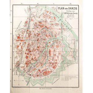 GDAŃSK. Plan Gdańska w 1911 r.; na plan naniesiono projekt przedłużenia ulicy Angielska Grobla (Englischer Damm); alfabetyczny wykaz ulic; wyd. A. W. Kafemann, Gdańsk 1911, lit. i odbił R. Gorschalky; skala 1 : 10 000; chromolit.