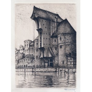 GDAŃSK. Długie Pobrzeże z Żurawiem, ok. 1920, w dole odręczna sygn. autora (Paul Kreisel ur. 1891, zm. 1982); akwf. cz.-b.