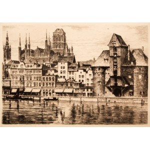 GDAŃSK. the Long Embankment with the Crane and St. Mary's Basilica in the background; drawn and engraved. A. Brück, ca. 1925; handwritten signature of the author at the bottom; aquatint sepia