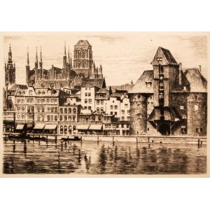 GDANSK. Długie Pobrzeże (Langer Damm) mit dem Kranich und der Marienkirche im Hintergrund; gezeichnet und eng. A. Brück, ca. 1925; darunter handschriftliche Unterschrift des Autors; Aquatinta sepia