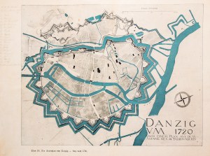 GDAŃSK. Plan Gdańska według stanu z 1720 r.; międzywojenna rekonstrukcja planu miasta; pochodzi z: O. Kloeppel, Stadtbild von Danzig…, wyd. A.W. Kafemann, Gdańsk 1937; druk dwubarwny