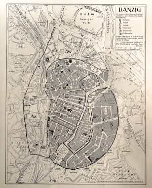 GDAŃSK. Plan Gdańska w 1954 r.; pochodzi z: W. Stephan, Danzig. Gründung und Straßennamen, Marburg 1954; druk cz.-b.
