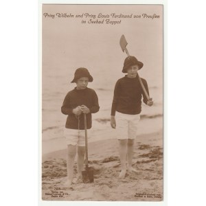 SOPOT - Hohenzollerns. 3 photos in the form of postcards: 1) photo of the eldest sons of Wilhelm II on the beach in Sopot - Wilhelm and Ludwig Ferdinand; 2) photo on the beach of four children, including two younger ones: Hubert and Frederick; 3) a photo 