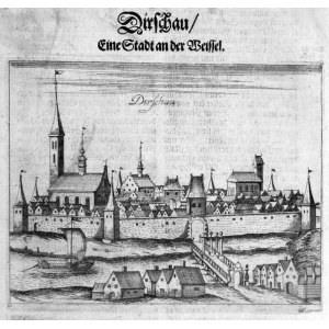TCZEW. Panorama miasta, pochodzi z: K. Hartknoch, Alt- und Neues Preussen Oder Preussischer Historien..., 1684; nad górną ramką napis: Dirschau…, tekst w jęz. niem., w 2 miejscach na verso podklejenie papierem; miedz. cz.-b.