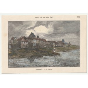 BRANIEWO. Blick auf die Stadt vom Fluss Pasłęka aus, eng. A. Closs nach einer Zeichnung von G. Schönleber, um 1880; Inschrift am oberen Rand: Elbing und das Frische Haff; wood. bar colour.