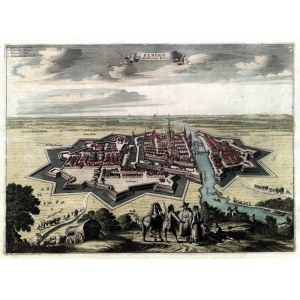 ELBLĄG. Widok miasta i obwarowań z lotu ptaka; na pierwszym planie sztafaż figuralny; pochodzi z: Galèrie Agrèable du Monde P. van der Aa, Lejda, ok. 1720; miedz. kolor.