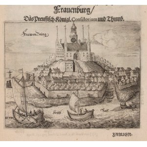 FROMBORK, PASŁĘK. Widok miast na wspólnej karcie pochodzący z dzieła M. Hallervordena: Alt und neues Preussen, 1684, miedz. cz.-b.