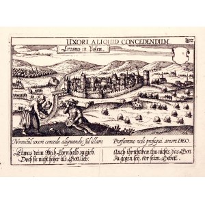 KROSNO. Panorama miasta; pochodzi z: Meissner, Daniel, Thesaurus Philopoliticus, wyd. Eberhard Kieser, Frankfurt nad Menem, 1621-1631; pod dolną ramką sentencje w jęz. łacińskim i niemieckim; miedz. cz.-b.