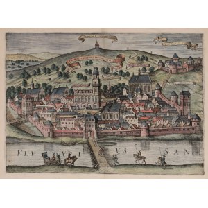 PRZEMYŚL. Ansicht der Stadt von der San-Seite, aus: Civitates Orbis Terrarum, Band 6, lateinische Ausgabe, ed. G. Braun und F. Hogenberg, hrsg. von A. Hogenberg, 1618; verso: PRAEMISLIA; Kupferfarbe.