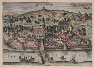 PRZEMYŚL. Widok miasta od strony Sanu, pochodzi z: Civitates Orbis Terrarum, tom 6, edycja łacińska, oprac. G. Braun i F. Hogenberg, wyd. A. Hogenberg, 1618; na verso: PRAEMISLIA; miedz. kolor.