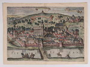 PRZEMYŚL. Widok miasta od strony Sanu, pochodzi z: Civitates Orbis Terrarum, tom 6, edycja łacińska, oprac. G. Braun i F. Hogenberg, wyd. A. Hogenberg, 1618; na verso: PRAEMISLIA; miedz. kolor.