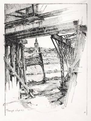 PRZEMYŚL. Zniszczony most kolejowy, pochodzi z: Kasimir, Luigi, Galizien 1915…; 1915; lit cz.-b. na bibule japońskiej