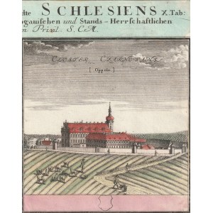 CZARNOWĄSY, OPOLE. Klasztor; rys. F.B. Werner; pochodzi z X tablicy Scenographia Urbium Silesiae..., wyd. oficyna Spadkobierców Homanna, Norymberga 1737-1752; miedz. kolor.