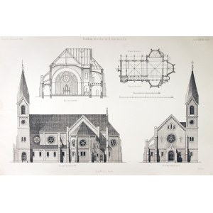 GROSZOWICE, OPOLE. St. Catherine of Alexandria Church - sheet showing elevations and sections of the building; ryt. Ritter, 1888; steel. cz.-b.