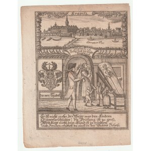 KRAPKOWICE. Panorama miasta, poniżej postacie alegoryczne i herb; pochodzi z: Zittauisches Tagebuch…; miedz. cz.-b.