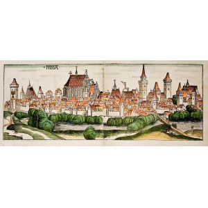 NYSA. Panorama miasta, pochodzi z: H. Schedel, Liber Chronicarum (Kronika Świata, tzw. Kronika Norymberska), wyd. A. Koberger, Norymberga 1493; drzew. szt. kolor.