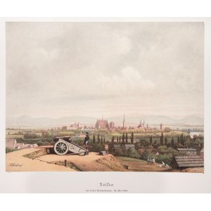 NYSA. Panorama of the city and fortress, from the Prussian-Austrian War of 1866, in the foreground a soldier at a cannon; according to a drawing by A. Hindorf, 1866; chromolith. glued with stiff paper