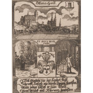 OTMUCHÓW. View of Otmuchow, coat of arms of the von Braun family; inscription in German: Voll Einsicht für des Landes Heÿl ... (praise of religious tolerance, introduced by Emperor Joseph II Habsburg); taken from: Zittauisches Tagebuch ...; brod. cz.-b.