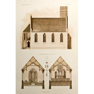 OTMUCHÓW. 2 tablice z widokami i przekrojami kościoła ewangelickiego; lit. Stüler i Loeillot wg rys. Wexa, 1865 r.; lit. tonowana