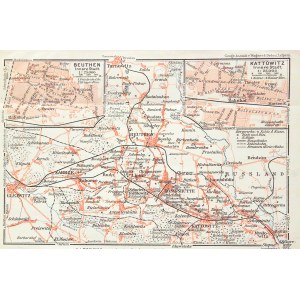 BYTOM, KATOWICE. Plan aglomeracji katowickiej; w górnych narożnikach plany Bytomia i Katowic; Geograph. Anstalt von Wagner & Debes, Lipsk, ok. 1860; skala 1: 250 000; lit. kolor.