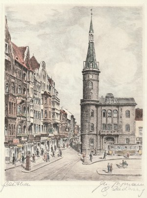 BYTOM. Ratusz (zniszczony w 1945 r.); ryt. Fritzmann (?), okres międzywojenny; w dole sygn. ołówkiem; akwf. kolor.