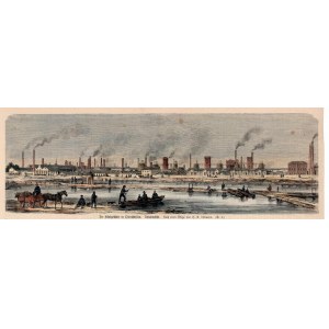 CHORZÓW. Panorama der Stadt, nach einer Zeichnung von A. Littmann, ca. 1871; Holzfarbe.