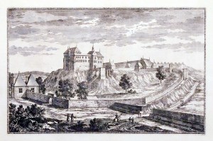 PIŃCZÓW. Widok na zamek, pochodzi z Erik Jönsson Dahlbergh, Histoire du regne de Charles Gustave…, Norymberga 1697; miedz. cz.-b.