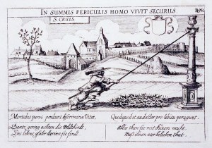 ŚWIĘTY KRZYŻ. Panorama miasta, pochodzi z: Meissner, Daniel, Thesaurus Philopoliticus, Frankfurt n. Menem 1621-1631