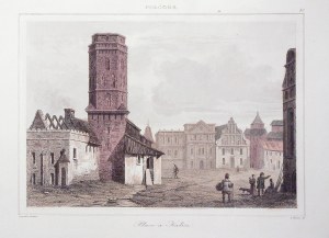 KALISZ. Gotycki ratusz, zniszczony w czasie pożaru w 1537 r.; rys. Lemaitre, ryt. S. Cholet, pochodzi z: Charles Forster, Pologne, Paryż 1840; stal. kolor.