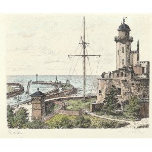 KOŁOBRZEG. lighthouse; R. Adler (1907-1977), interwar period; signed in pencil at bottom; aquaf. color.