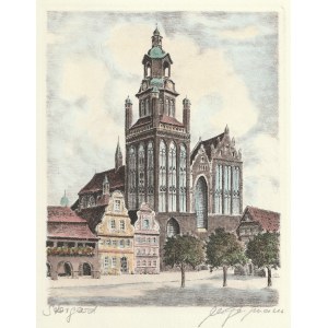 STARGARD. Old Town Square with St. Mary's Collegiate Church; signed Jensen, interwar period; signed in pencil at bottom; aquf. color.