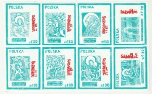 POLISH MADONNAS. 5 blocks of 8 stamps from the series: Polish Madonnas (1986-87), in different varieties of green, and black and red, separate, described: H. Mruk, M. Guć:..., pp. 157-175