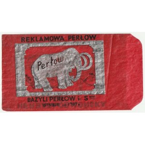 PERLOV Basil - tea. Advertisement bag of the Perlov family company trading tea (founded in 1787 by Alexei Perlov), framed elephant, on verso of ship